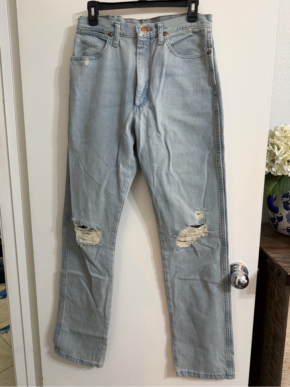 Wrangler Cowboy Cut Light Blue Distressed Straight Jeans